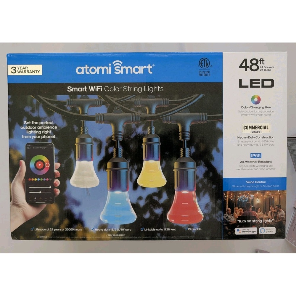 Atomi Smart WiFi Color String Lights 48ft Outdoor LED 24 Bulbs Alexa Google New